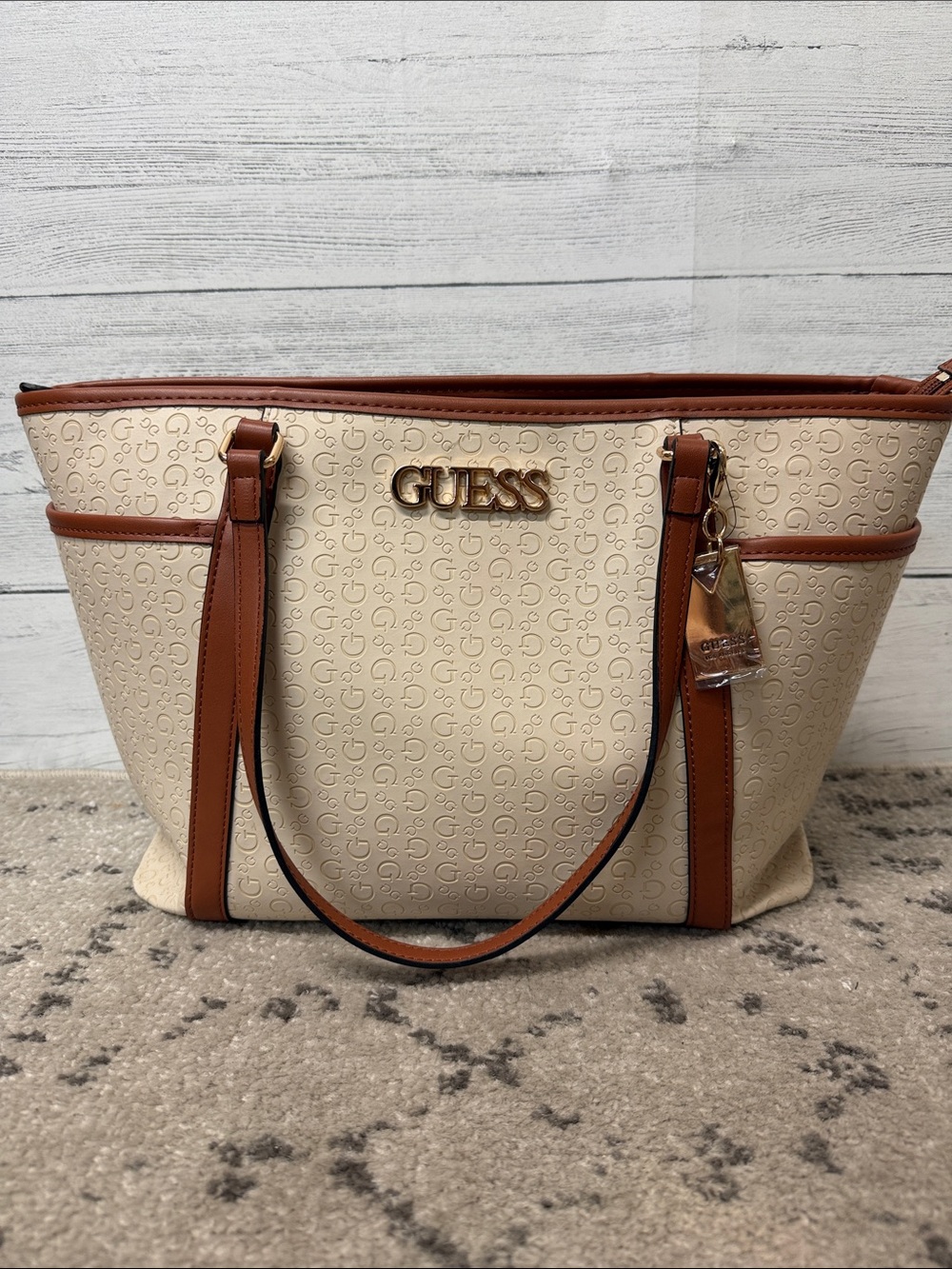 NWT GUESS Cream and Brown Signature Evie Tote Bag